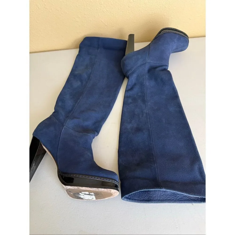 Cole Haan Blue Suede Knee High Boots Size 6B Platform Heel Black Patent